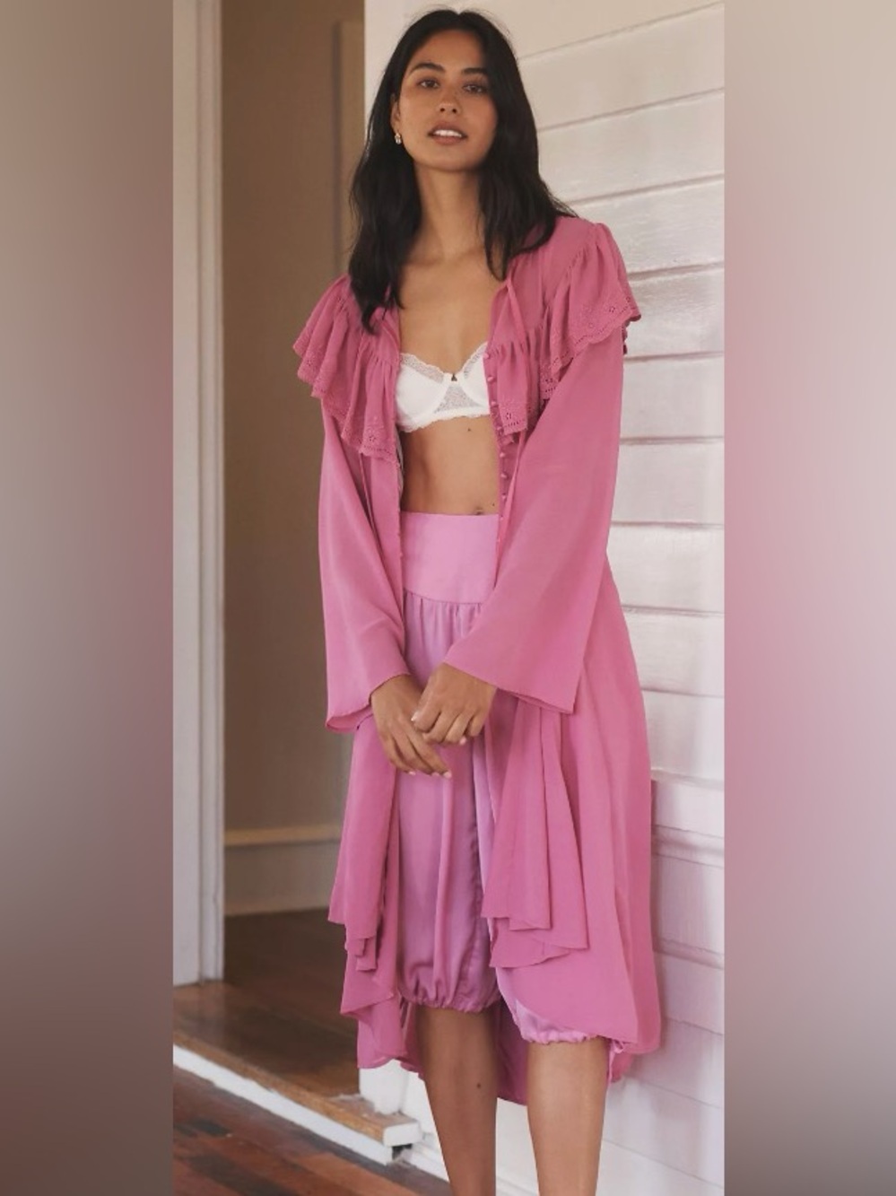 Anthropologie Pink Ruffle-Trim Long Robe - Picture 3 of 3